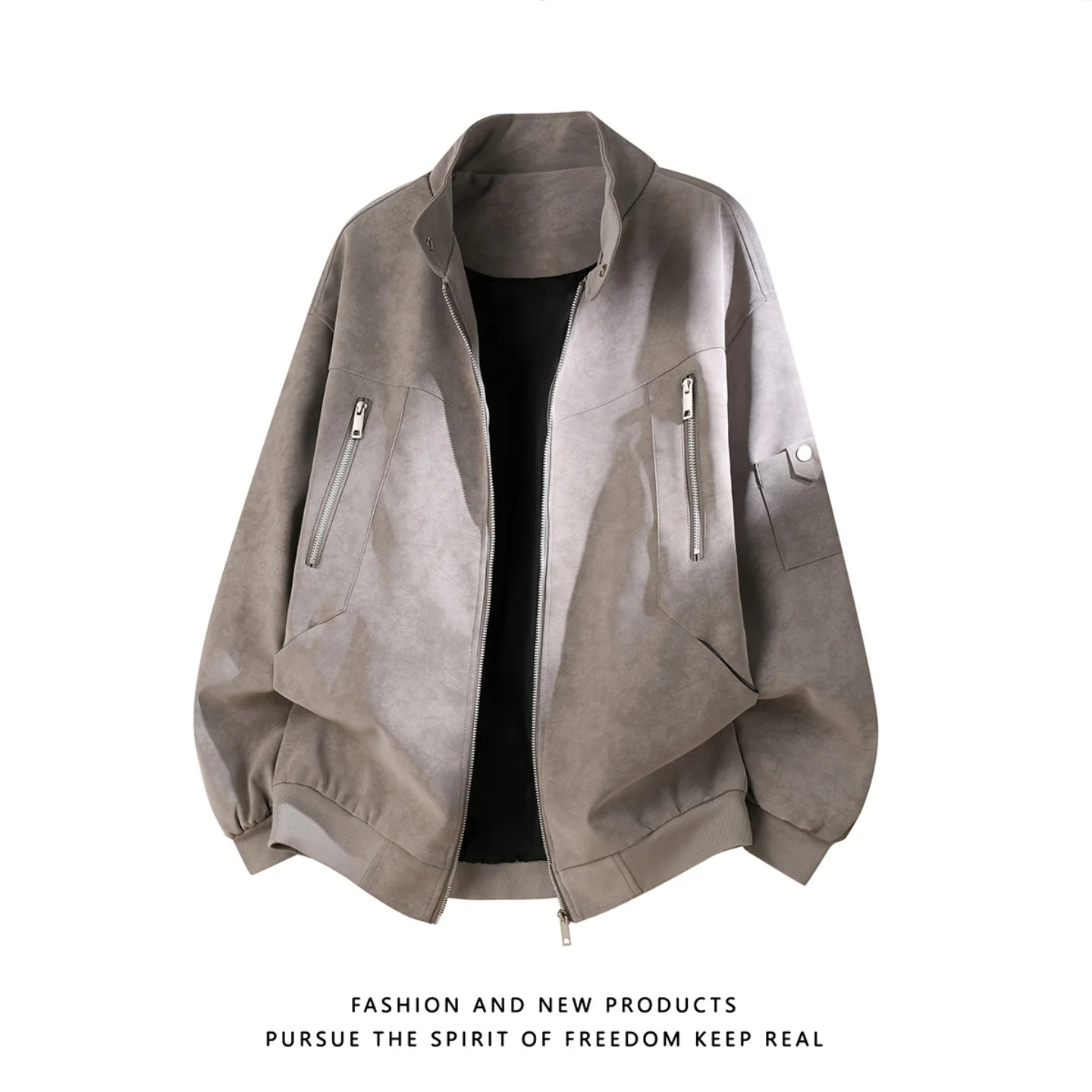 

American Vintage Tie Dye Leather Jacket Men's Trendy Zipper Collar Workwear Flight PU Leather Coat Outerwear Youth Summer