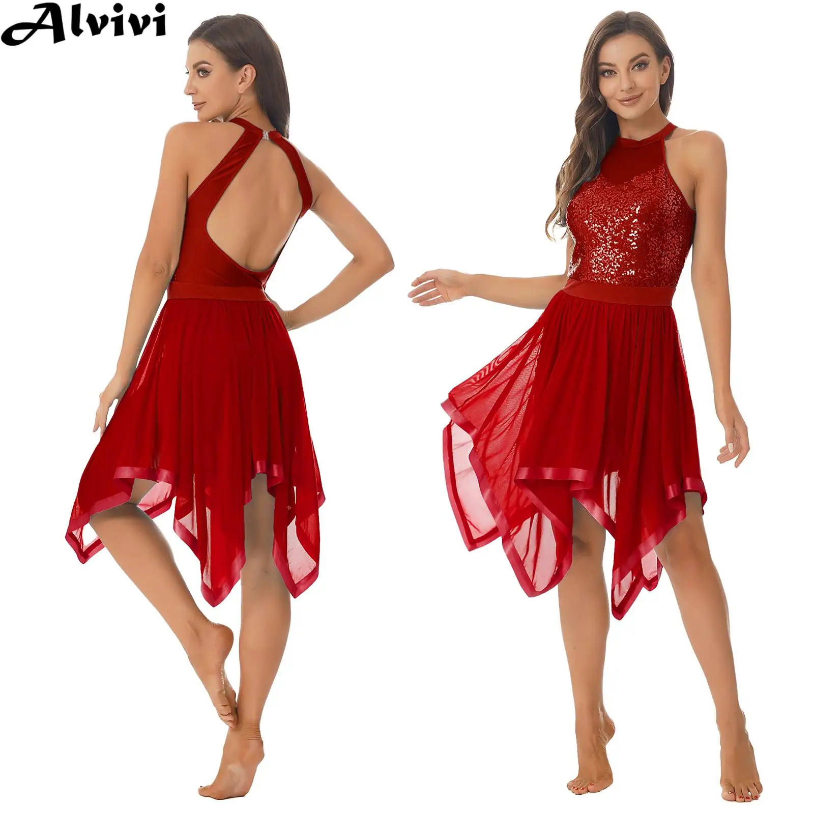 Abito da ballo moderno lirico da donna senza maniche senza schienale lucido con paillettes abiti da balletto pattinaggio ginnastica Performance Costume