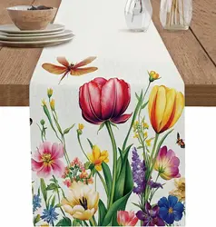Spring Tulip Floral Linen Table Runner Holiday Wdding Party Decor Seasonal Summer Flowers Plant Table Runners Dining Table Decor