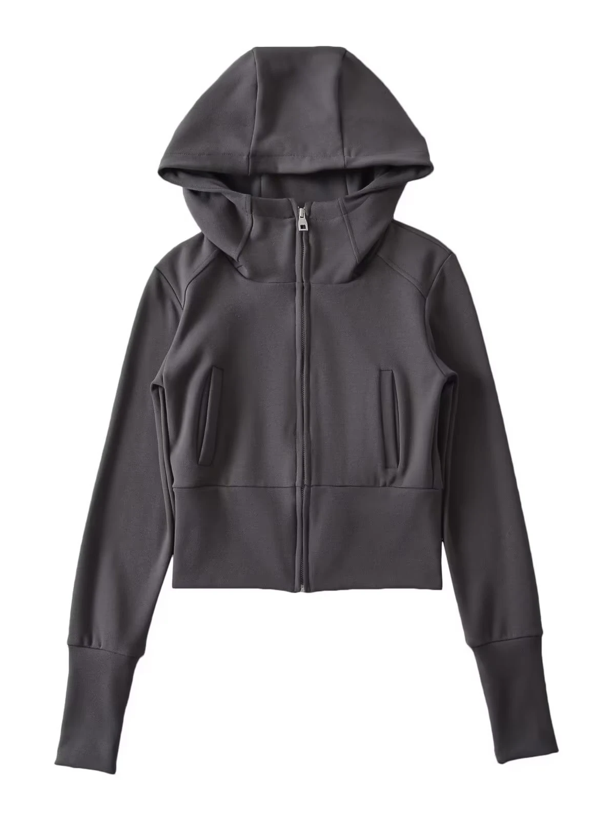 

Street Style Pure Desire Hong Kong Flavor Hooded Zipper Finger Loose Slimming Pocket Waist Short Cardigan Sweatshirt