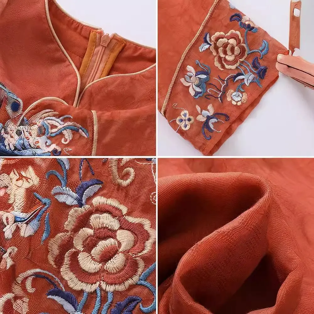 Embroidery New Chinese Cheongsam Flower Half Sleeve Ethnic Style Dress Loose Chinese-style Clothing Women Long Dress Summer