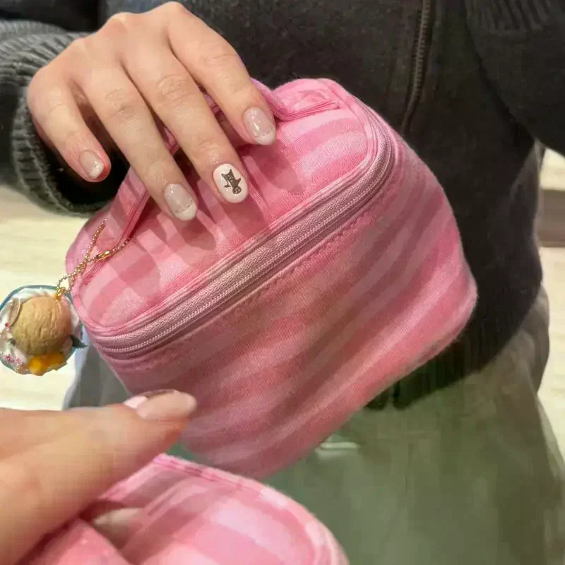 Makeup Bag Flip-top With Mirror Women Pink Striped Portable Zipper Cosmetic Travel Organizer Cute Sweet Handbag Toiletry Pouch