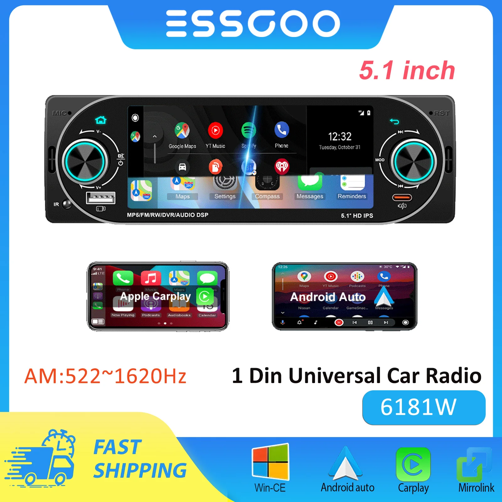 ESSGOO 5,1-Zoll-IPS-Bildschirm 1-DIN-MP5-Player Kabelloses Carplay Android Auto Autoradio Multimedia-Player AM BT Mirror Link