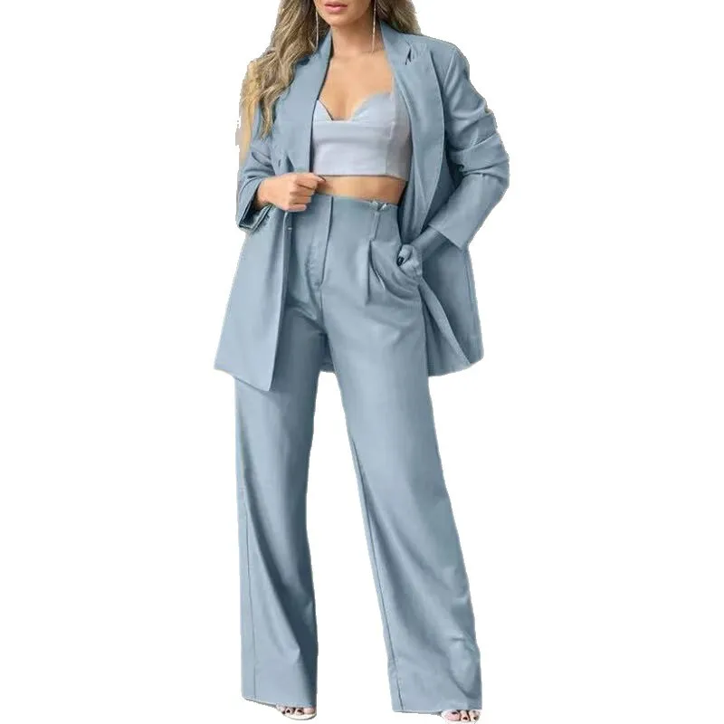 Two Pieces Pant Suits Solid Casual Women Blazers Notched Neck Long Sleeve Single Button Top Elastic Waist Wide Leg Pants  Autumn