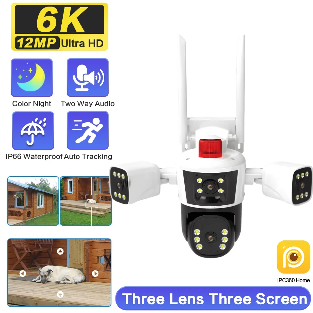

6K 12MP IP Camera Three Lens Security Protection Monitor 4K 8MP Dual Screen Outdoor WiFi PTZ CCTV Video Surveillance AI Tracking