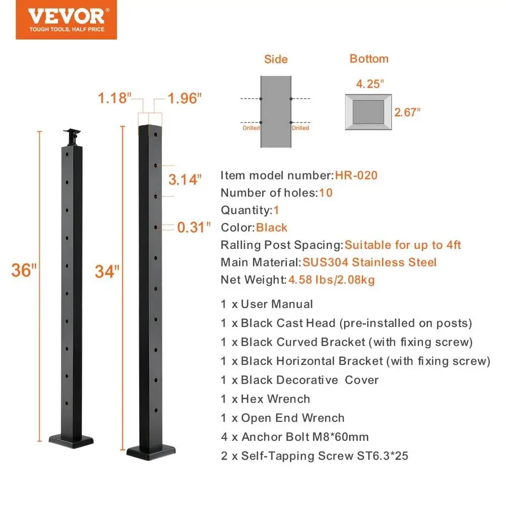 36 Stainless Steel Cable Railing Post Kit for Deck & Stairs - Pre-Drilled Handrail with Mounting Bracket, Black Finish