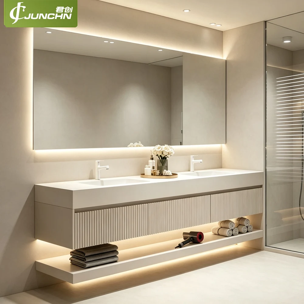 Modern Luxury Wall-Mounted Fluted Double Sink Bathroom Vanity With Seamless Integrated Basin Smart Anti-Fog LED Mirror Cabinet