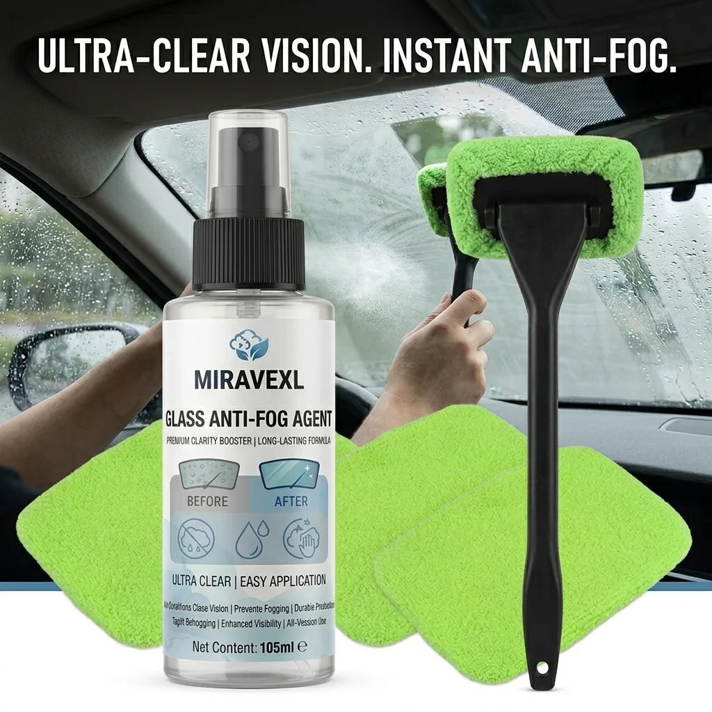 Kit de Spray Antiembaçante para Carro, Agente Antiembaçante para Vidros com Escova e Almofadas de Limpeza, Desembaçante de Longa Duração para Segurança de Janelas Automotivas