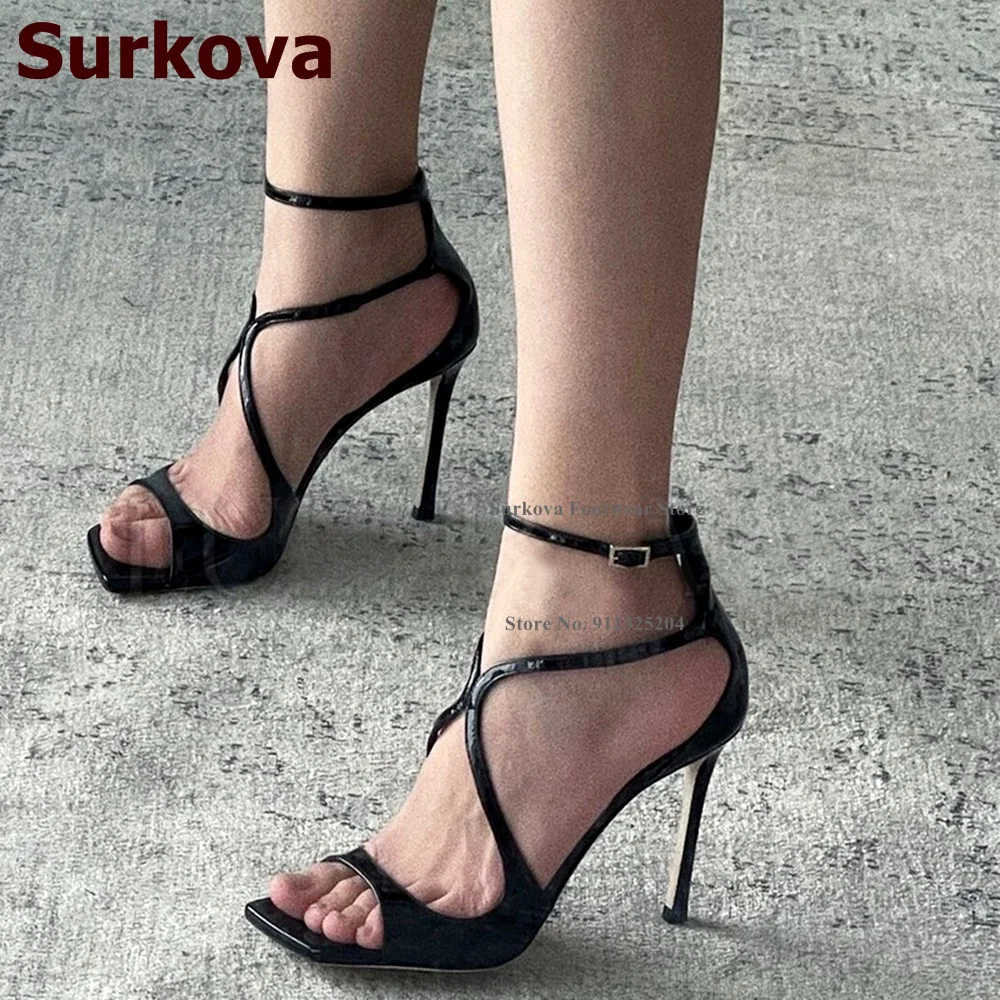 Surkova Pink Satin Cross Strap High Heel Sandals Square Open Toe Buckle Strap Evening Shoes Women Dress Pumps