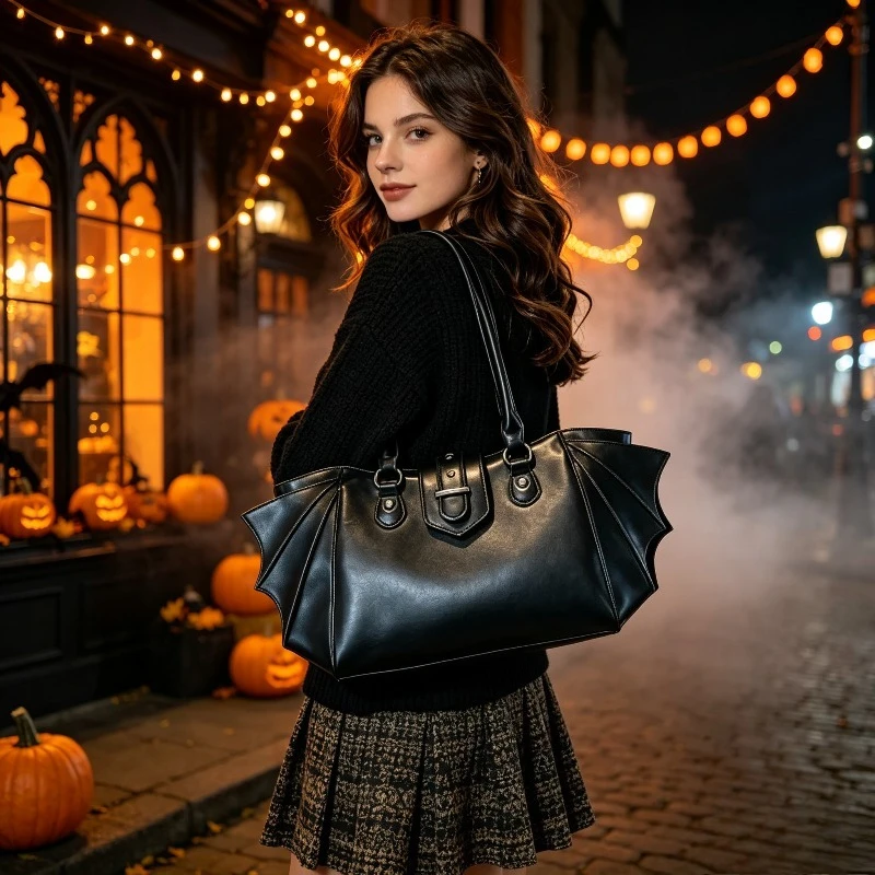 Bolso Tote Creativo con Alas de Murciélago para Halloween, Bolso Tote de PU Vintage de Gran Capacidad, Bolso de Motocicleta con Tachuelas Estilo Punk Europeo y Americano