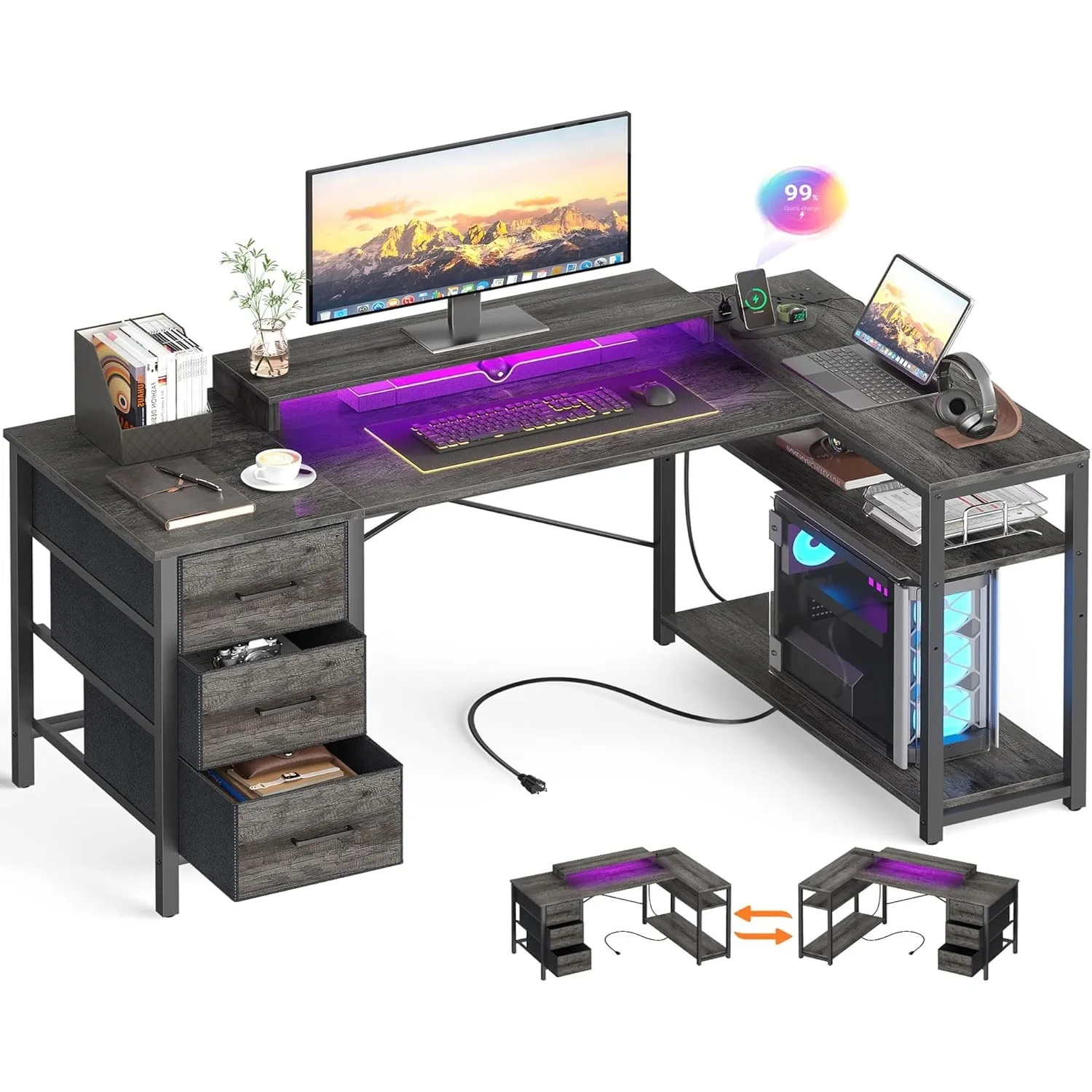 53-inch gaming table with power outlet and LED lights, reversible L-shaped computer table with 3 drawers and monitor stand