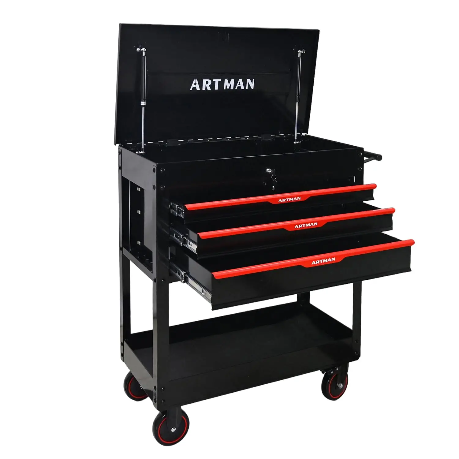 3-Drawer Rolling Tool Cart with Steel Lift-Up Top, Heavy Duty Lockable Mechanic Tool Chest with Wheels, Multifunctional