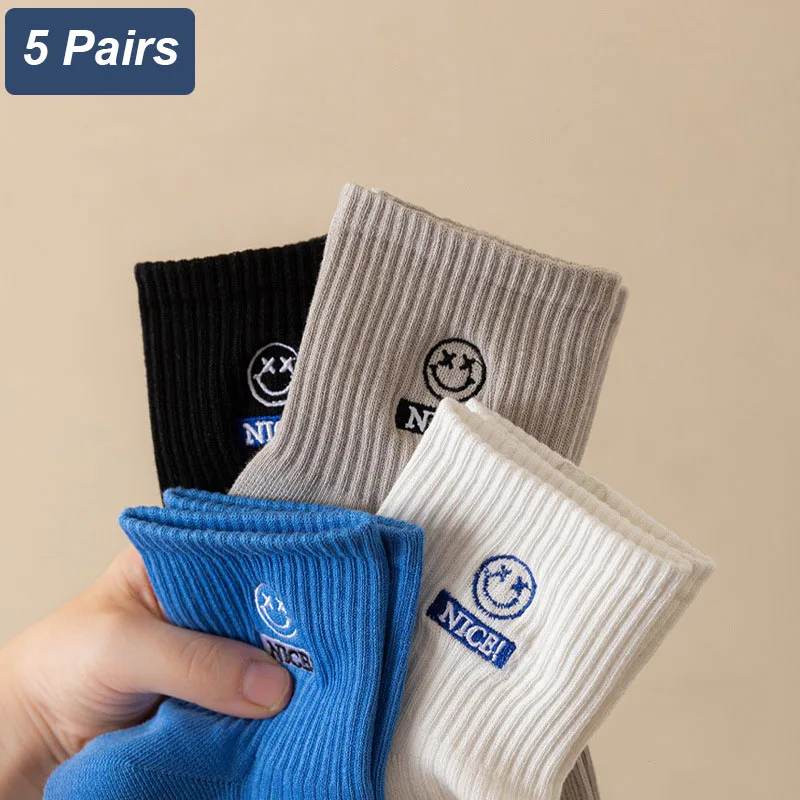 

5Pairs Men Summer Thin Smiling Face Medium Tube Socks Tend Letters Sweat Absorption Deodorization Sports Basketball Cotton Socks