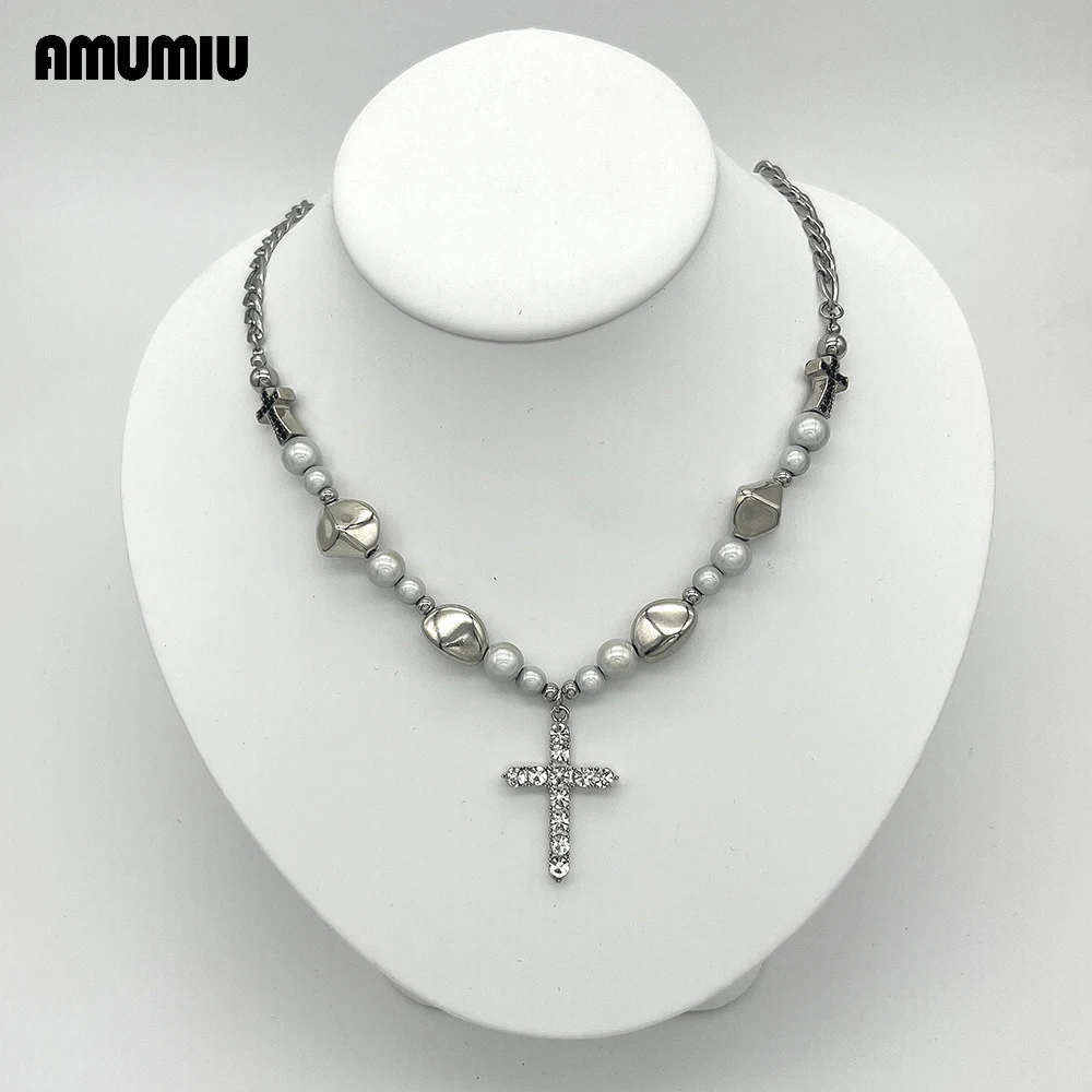 AMUMIU Cross Pendant Necklace For Women Rhinestone Irregular Reflective Beads Exaggeration Exquisite Jewelry