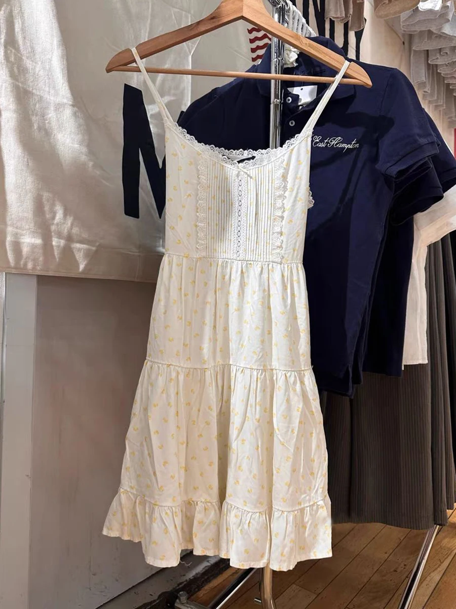 Little Yellow Ducks Lace-up Dress Women Summer Bow Lace Trim Sleeveless Slim A-line Vestidos Cute Sweet Cotton Camis Dresses New