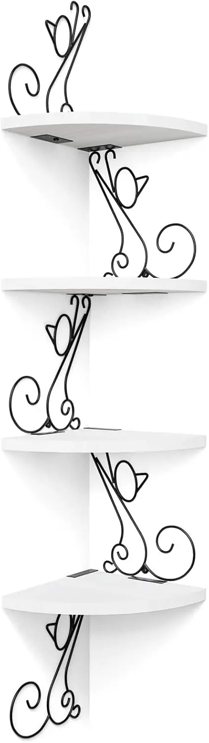 

Floating Corner Wood Shelves, 4 Tier Wall Mounted Rustic Storage Shelf, Cat Shaped Shelving for Wall, Solid Wooden Deco