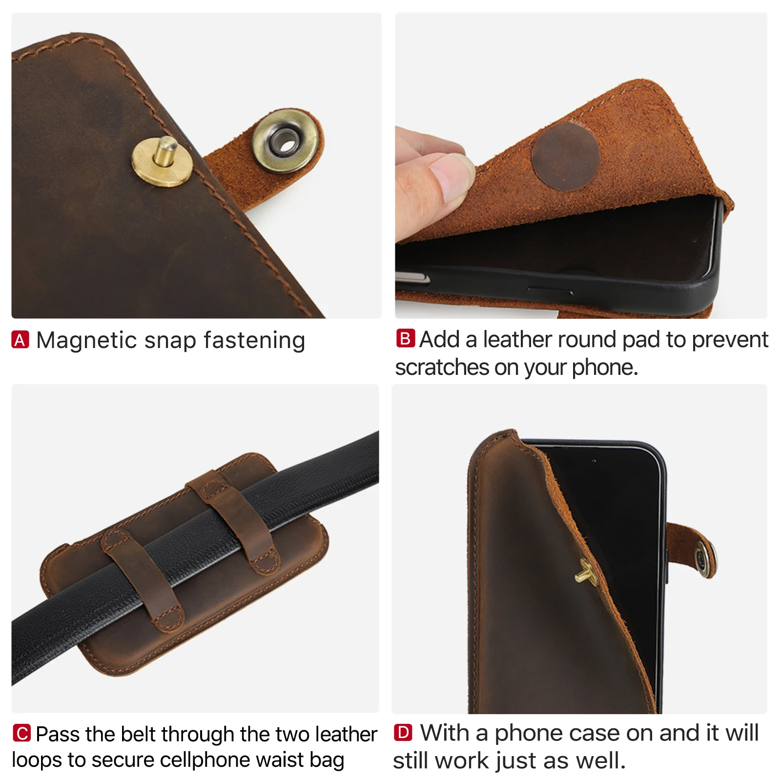 Etui na telefon męskie z prawdziwej skóry, kabura na iPhone 17 16 15 14 Pro Max 6.9 cala, uchwyt na telefon do noszenia na pasku, torba na telefon do podróży i na kemping — zdjęcie produktu 4