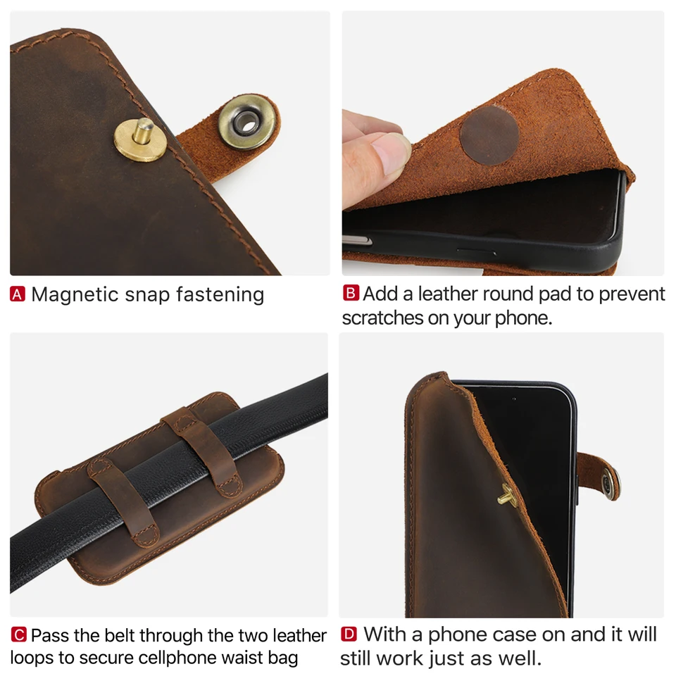 Funda de cuero genuino para hombre con clip para iPhone 17 16 15 14 Pro Max 6.9 pulgadas bolsa de cintura para viajes y campamento 4
