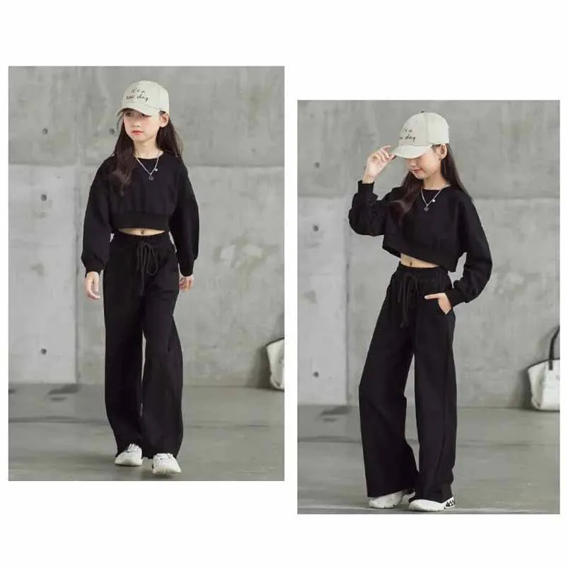 ZOETOPKID Mädchen Einfarbige Sets Kinder Langarm-Kurzpullover mit Hose 2-teilig Frühling Herbst Neue Kinder Mode Freizeitanzug – Detail 10