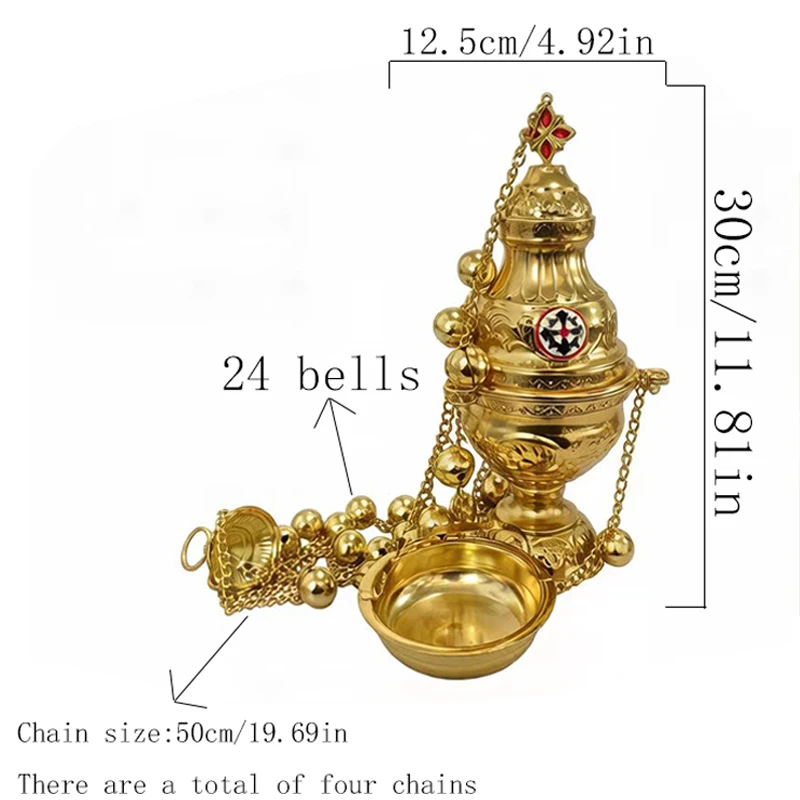 

Gold Plated Catholic Orthodox Hanging Censer with St. Benedict Medals, Bells and Enamel Cross Top for Church Home Altar Devotion