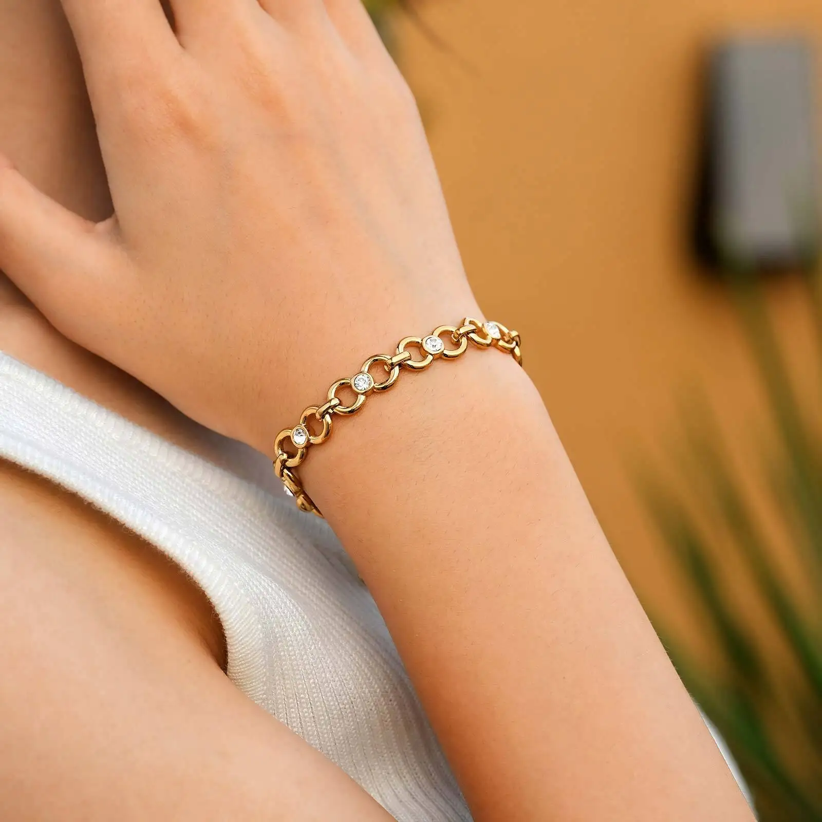Luxury Round Zircon Chain Bracelet for Women, Chunky Link 18k PVD Plated Statement Stackable Party Jewelry