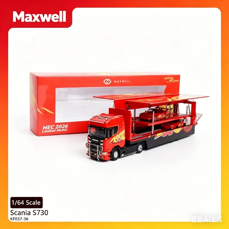

Stock Maxwell 1:64 HEC Scania S730 V8 double-decker transport container and cargo vehicle model in small-scale alloy.