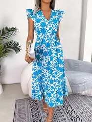 Elegant Floral Print Dress 2026 New Fashion Ruffled Edge V Neck Sleeveless Long Dress for Spring Summer Casual Woman Clothing