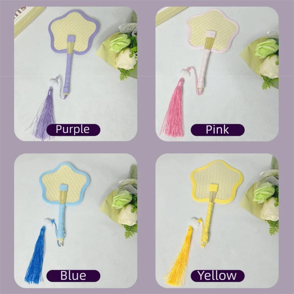 Colorful Edging Retro Floral Straw Fan Lightweight Portable Handmade Woven Fan Comfortable Handle Ornaments Summer Cooling Fan
