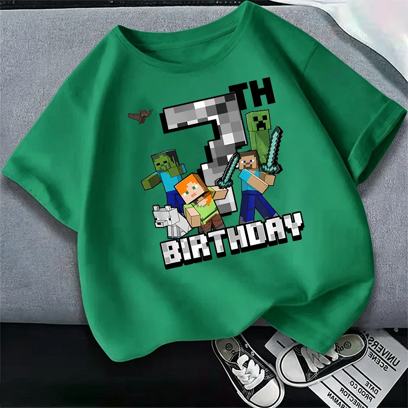 Camiseta Verde de Manga Curta com Estampa de Desenho Animado para Adolescentes, Roupa de Festa de Aniversário, Tops de Algodão Fofos para Adolescentes, Roupas com Estampa de Minecraft e Número, Gola Redonda