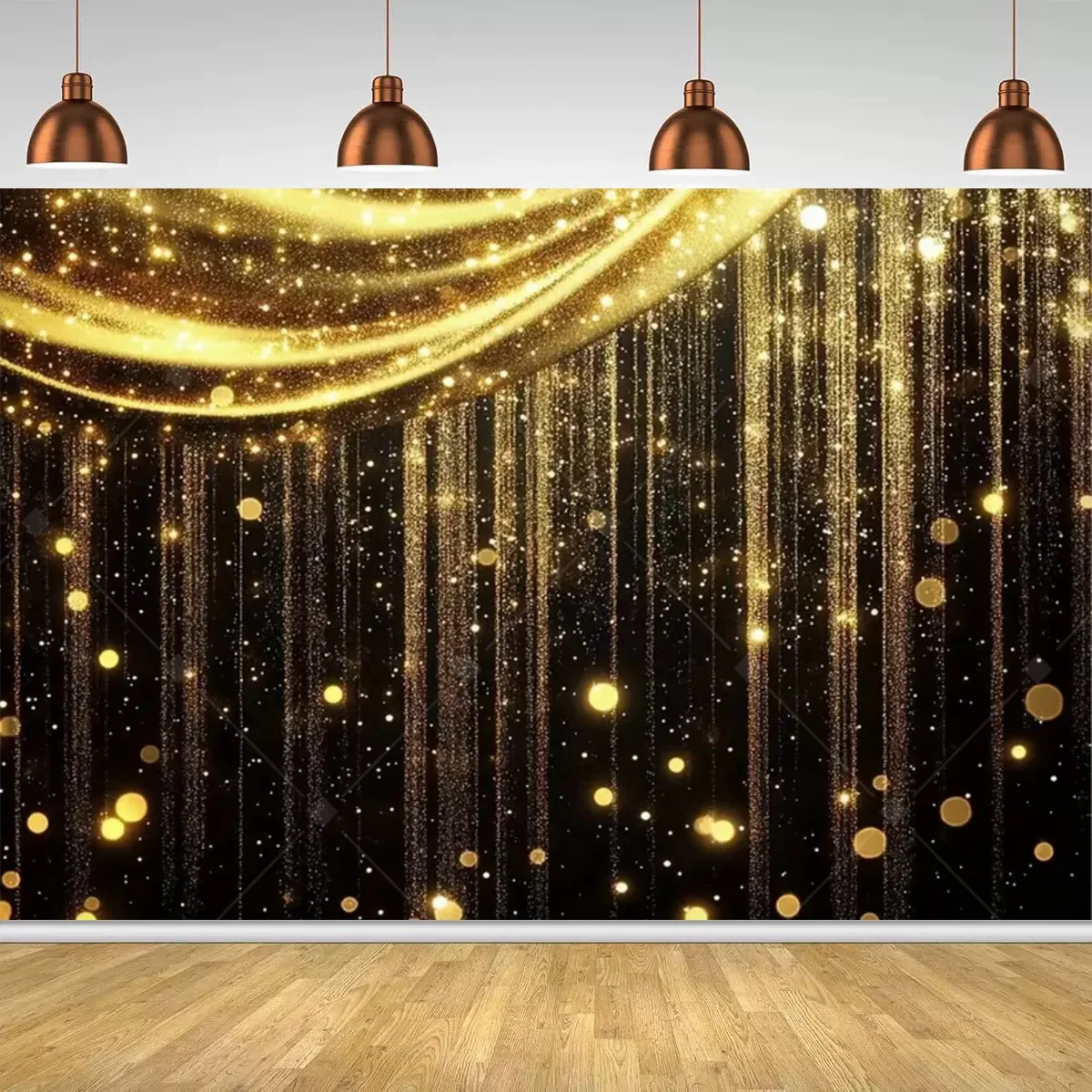Schwarzgoldene schimmernde Bühnendekoration, sternförmiger schimmernder goldener Polka-Dot-Banner, geeignet für Geburtstags- und Hochzeitsfeiern. – Detail 3