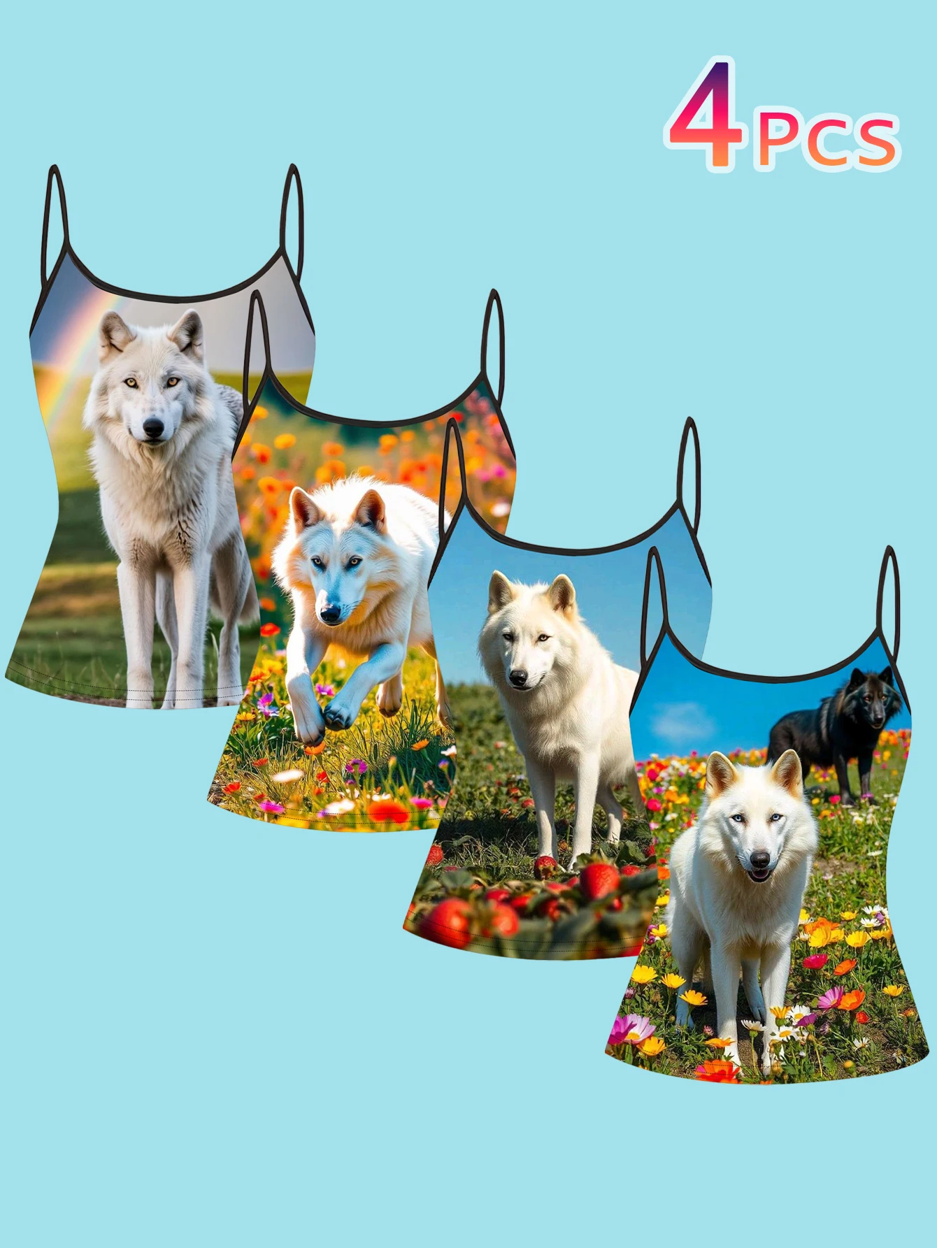 4-Piece Set with Natural Prairie Wolf Theme, Fresh Wildflower Animal Print, Slim-Fit Women's Camisole