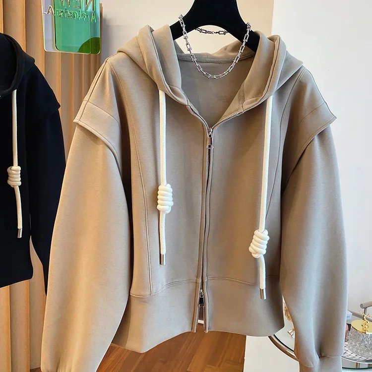 

Autumn New Minimalist Double Zippered Hoodie for Women Instagram Short Splicing Design Solid Color Jacket for Girls Clothing Top