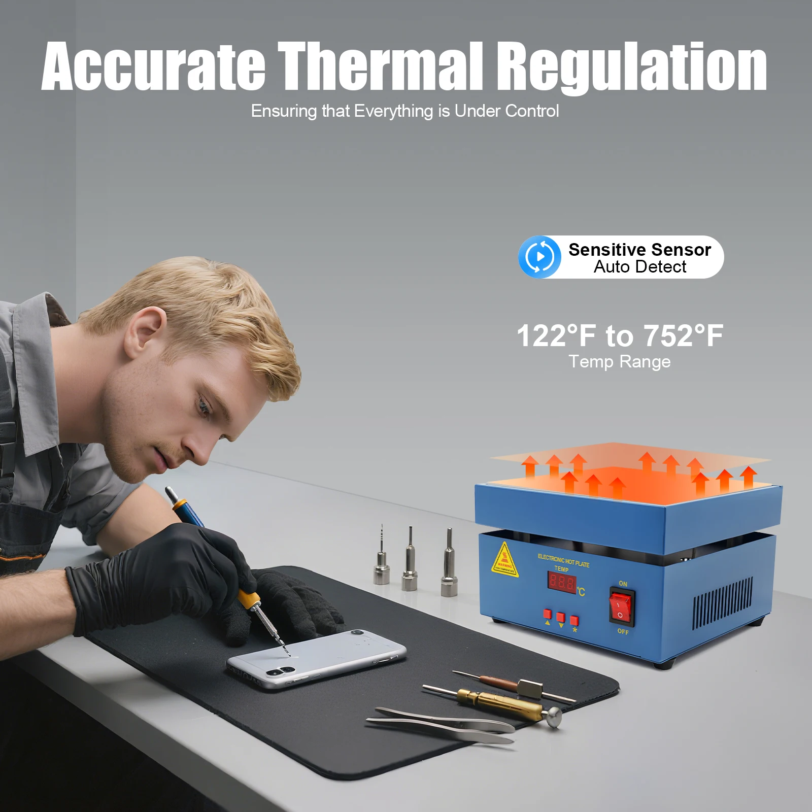 แผ่นทำความร้อนอิเล็กทรอนิกส์สำหรับงานบัดกรี 800 วัตต์ 50~400 ° เครื่องเชื่อมแบบปรับอุณหภูมิได้พร้อมแผ่นความร้อนสำหรับงานซ่อมแซม SMD