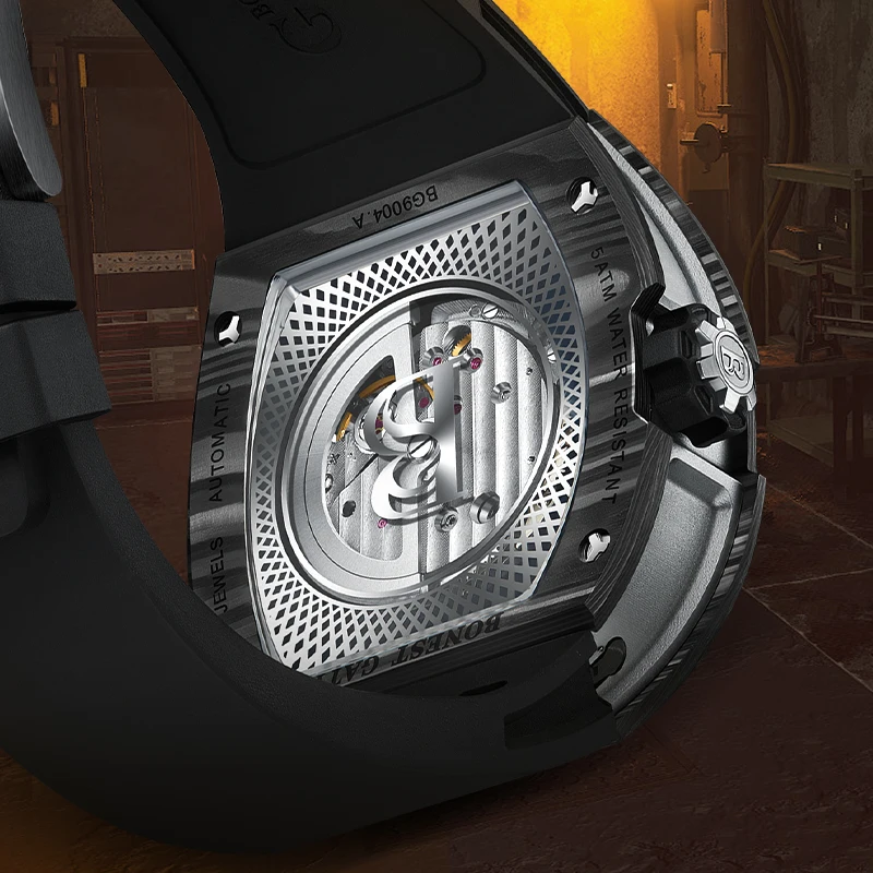 BONEST GATTI Men Automatic Watch Mechanical Carbon Fiber Bezel Tonneau Luminous Case Fluororubber Strap Sโmall Second Dial
