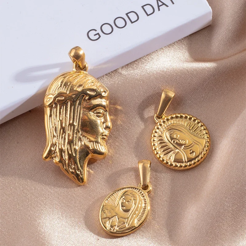 

RHYSONG 1PCS Ancient Jesus Virgin Mary Coin Women Men Vintage Stainless Steel Pendant Cham For Jewelry Making DIY Without Chain