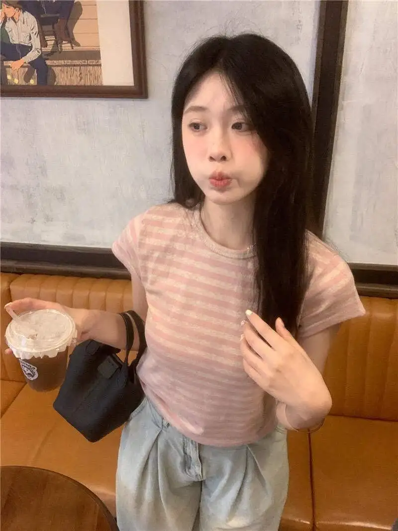 T-shirt coreana Sle Slim Fit Or Sve da donna Casual Spring Faion Stripe Color Blo Design Top per giovani donne