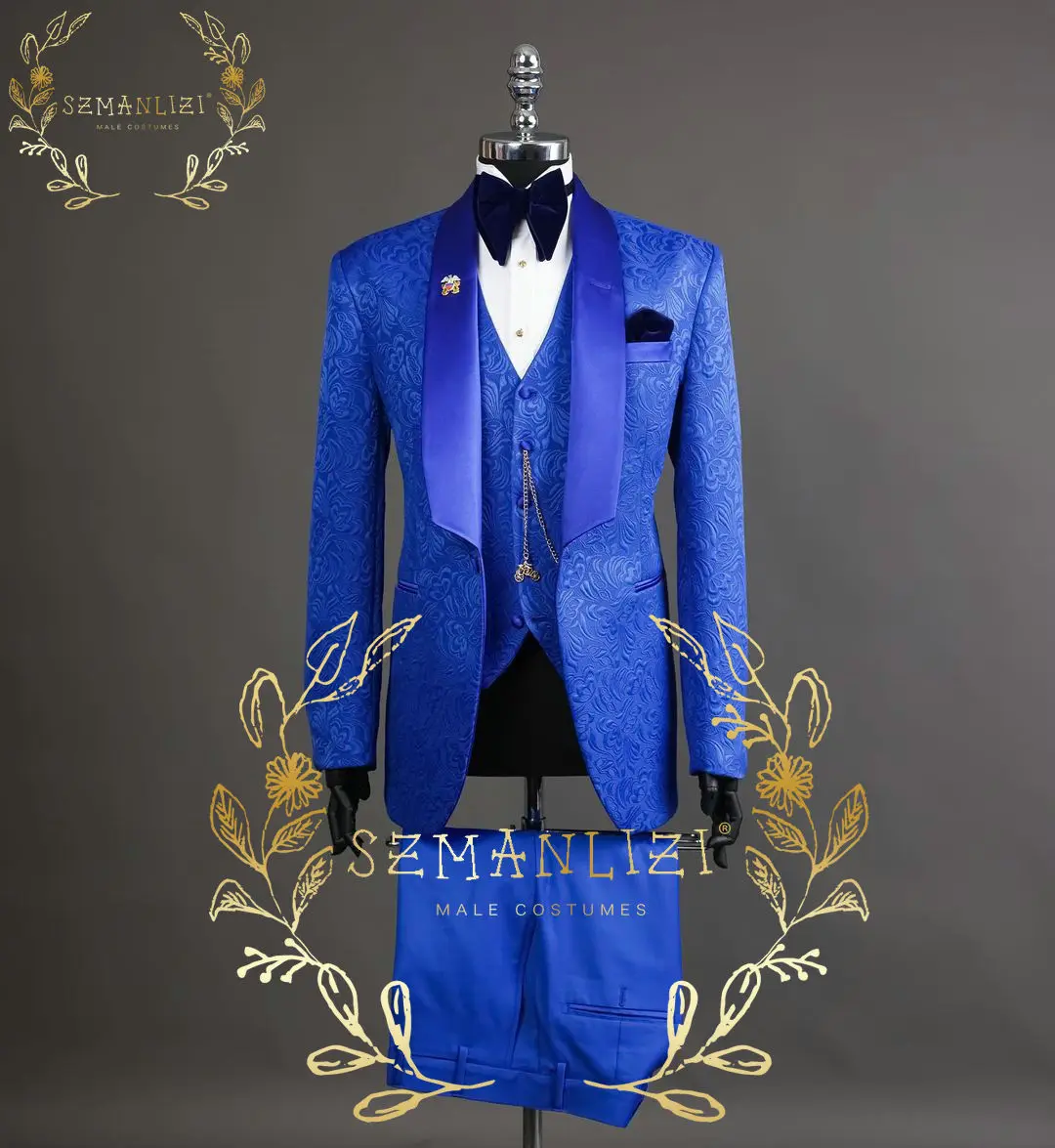 

Men Suits For Wedding 2024 Latest Design Custom Made Royal Blue Jacquard Smoking Tuxedo Jacket 3 Piece Groom Terno Suits For Men