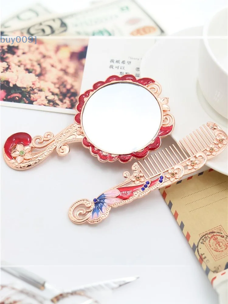 2 Pcs/Set Butterfly Painting Design Vanity Mirror And Comb Set Round Shape Embossed Metal Handheld