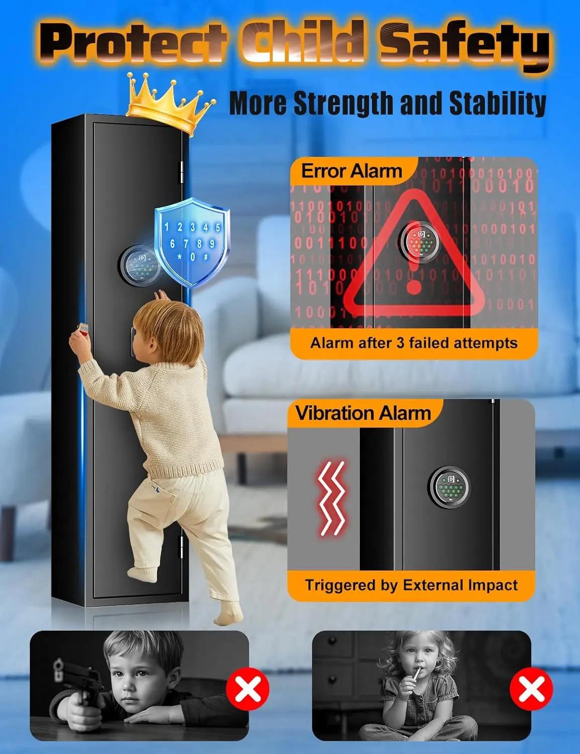 2-4 Gun Safe for Rifles & Pistols, Quick Access Electronic Locking Gun Cabinet with 240° Wide-Access Door, Removable Gun Rack &