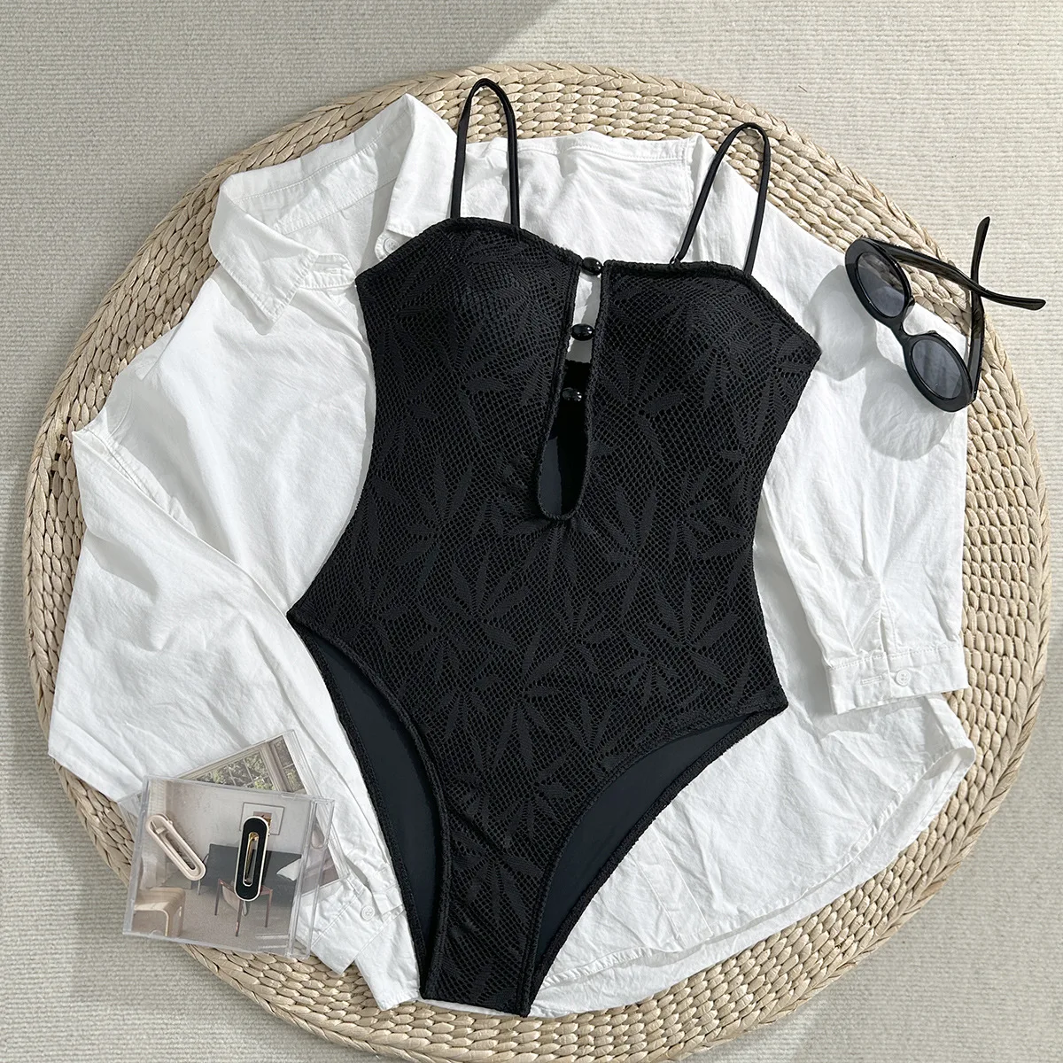 Women Boho Textured Leaf One Piece Suits Bathing Suit Thin Strap Amber Bead Keyhole Cutout High Cut Leg Pool Vacation Swimwear