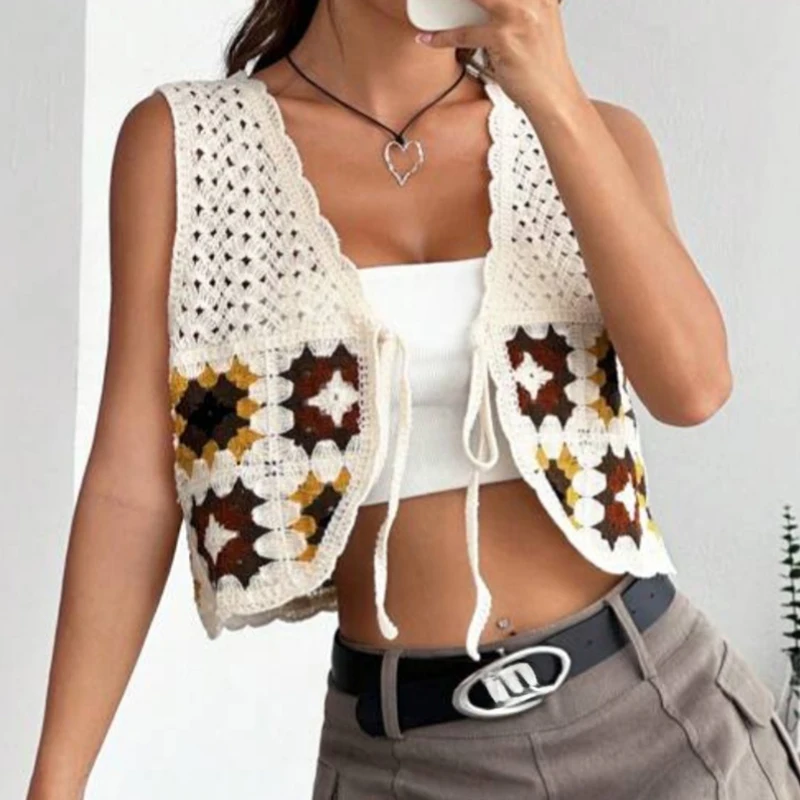 

Квадратный вязаный крючком жилет для женщин, ажурный укороченный жилет без рукавов, вязаный кардиган, отпускной наряд в стиле бохо
