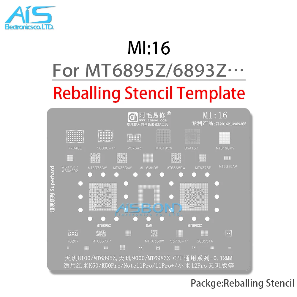 

MI16 BGA Reballing Stencil For Redmi K50 K50Pro Note11Pro Note11Pro+ Xiaomi 12Pro Dimensity 8100 9000 MT6895Z MT6983Z CPU PA IC