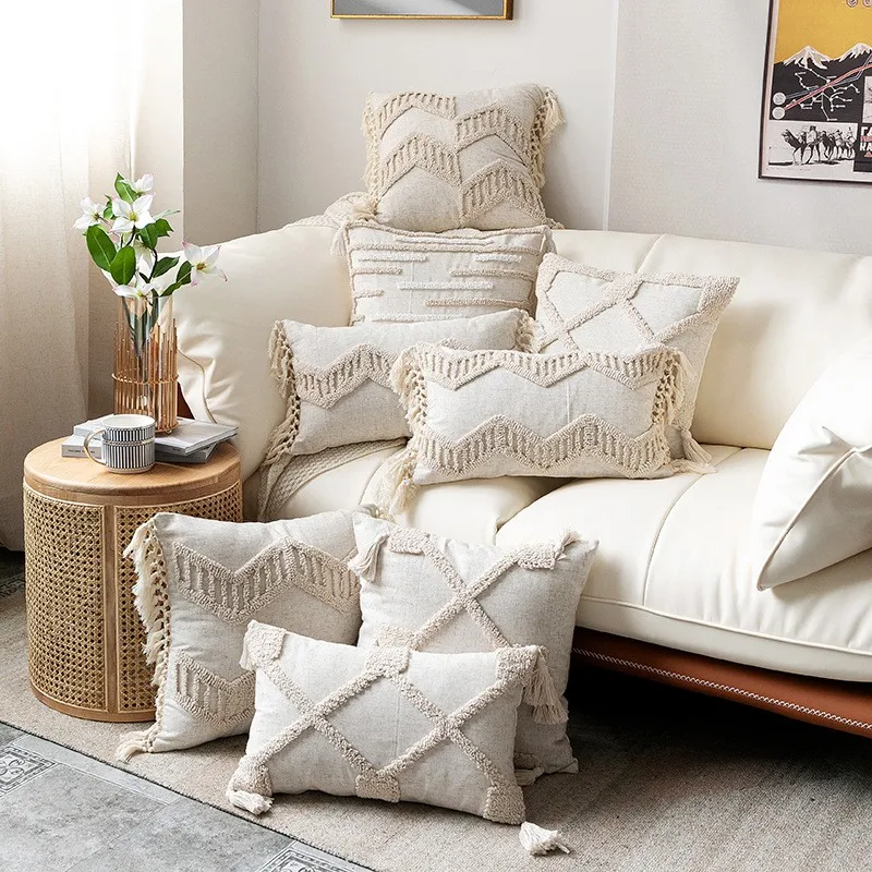 

Boho Style Beige Tassels Cushion Cover Soft Decorative Throw Pillow Case for Living Room Sofa Home Furnishing