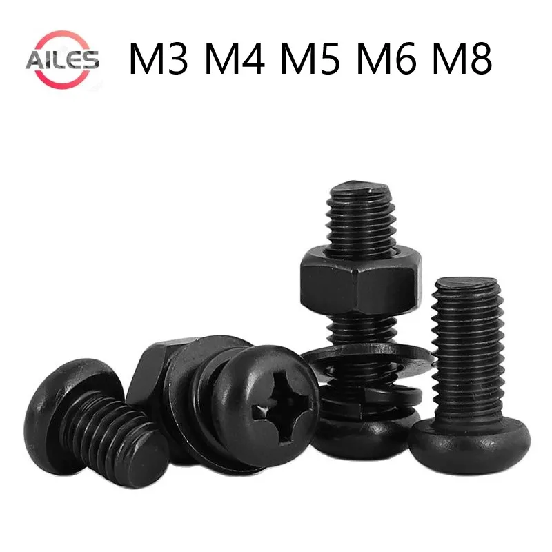 Black 304 Stainless Steel Philips Pan Head Machine Screws Washers Nuts Bolts Set M3 M4 M5 M6 M8 Cross Recessed Round Head Bolts