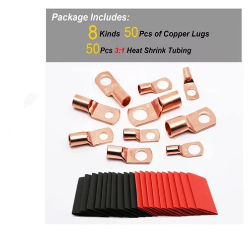 Imagen 2 del producto 100 Conectores de Terminal de Cobre, Kit de Terminales de Anillo AWG 4 6 8 10 12 con Tubo Termorretráctil, 50 Terminales de Cable de Batería, con 50 Tubos Termorretráctiles