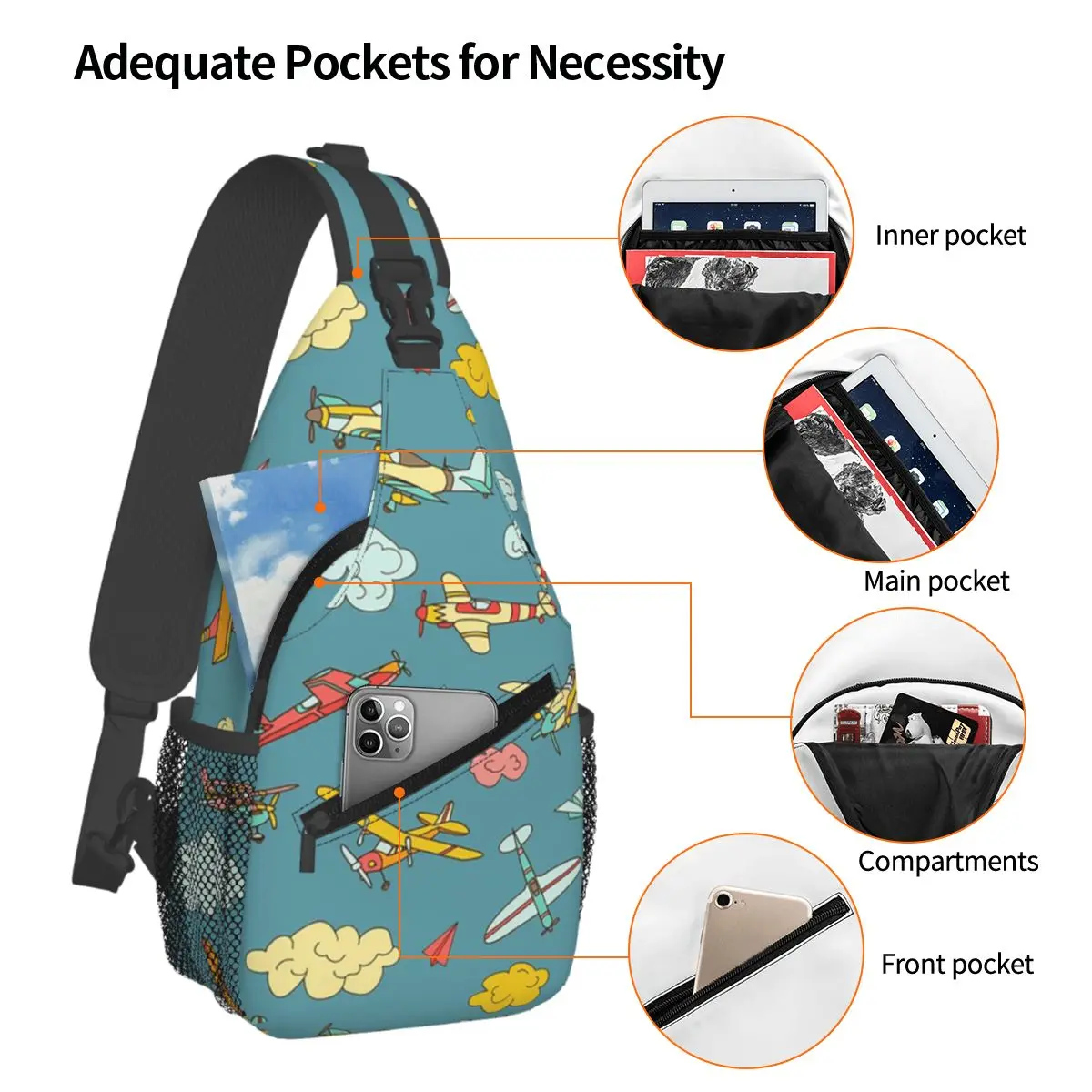 Colorful Nostalgic Airplanes Pattern Aviation Enthusiast Chest Bag Men Sling Crossbody Backpack Chest Bag Daypack Shoulder Bag