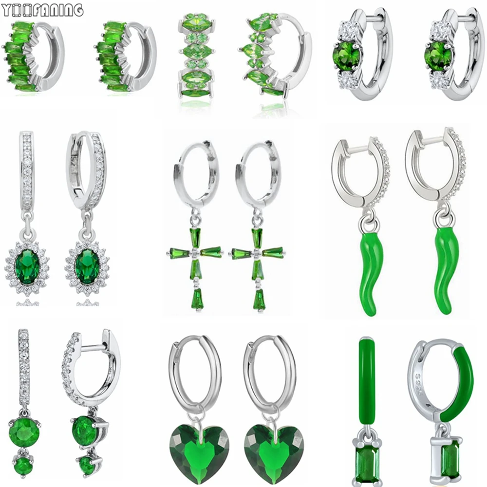 

925 Sterling Silver Ear Needle Premium Luxury Hoop Earrings Exquisite Green Zircon Pendant Classic Earrings for Women Jewelry