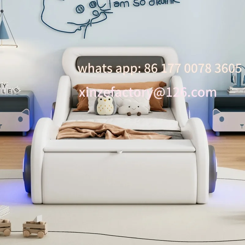 سرير أطفال فردي على شكل سيارة قابل للتخصيص، سرير أطفال مقاس 90 × 200 سم مع عجلات مضيئة ومساحة تخزين، PU للشباب #5