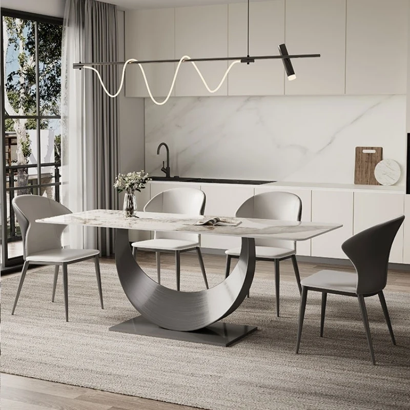 

Italian Minimalist Glossy Slate Dining Table And Chair Set For Home Living Room, Simple Modern Stainless Steel Frame, Gray Titan
