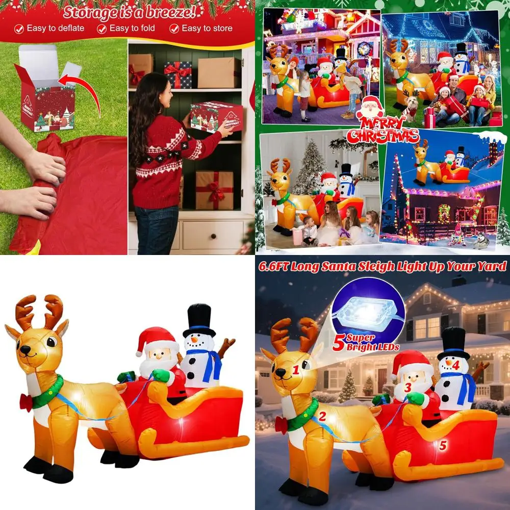 

Гигантские сани Санта-Клауса длиной 6,6 фута со снеговиком и оленем, рождественское надувное наружное украшение со светодиодной подсветкой и кольями